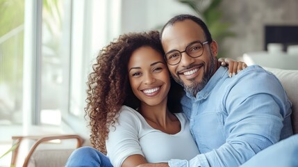 Affectionate couple cuddling and embracing on a couch in a cozy,comfortable home environment. They are smiling and expressing joy,love,and intimacy in their close relationship.