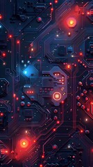 Computer Circuit Board With Red and Blue Lights