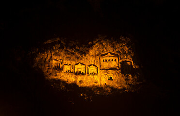 Night view of Kaunos Tombs of the Kings, Dalyan, Turkey