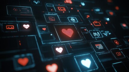 Obraz premium A digital network of icons featuring a prominent heart symbol, representing love and connection.