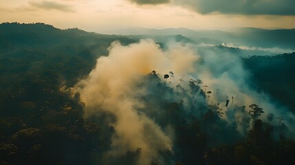 Fototapeta premium Aerial view of smoke rising from a burning rainforest, with dense trees in the background