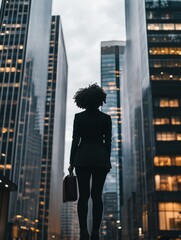Ambitious Silhouette in the City: A powerful image of a Black businesswoman standing tall amidst towering skyscrapers, symbolizing ambition, strength, and the pursuit of success.