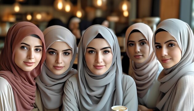 Capturing the essence of sisterhood a beautiful gathering of women in traditional hijabs celebrating diversity and connection at a cozy cafe setting