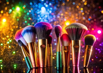 Colorful Makeup Brushes on a Sparkling Background for Beauty Photography, Ideal for Cosmetic Themes, Glamour Shots, and Aesthetic Beauty Displays