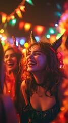 A joyful teenage girl in a devil costume shares a laugh with her friends at a lively Halloween party. The atmosphere is electric filled with colorful lights and festive decorations