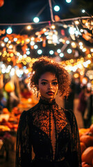 Obraz premium A young Black woman embodies the spirit of Halloween in a striking vampire costume surrounded by colorful lights and decorations at a lively market