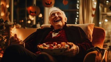 Obraz premium An elderly man dressed as Dracula laughs while holding a bowl of Halloween candy. The cozy living room is filled with seasonal decorations creating a warm atmosphere perfect for the occasion