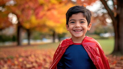 A young Hispanic boy dressed in a superhero costume with a red cape beams with happiness as he plays in a park filled with vibrant autumn foliage. The fall colors create a cheerful backdrop