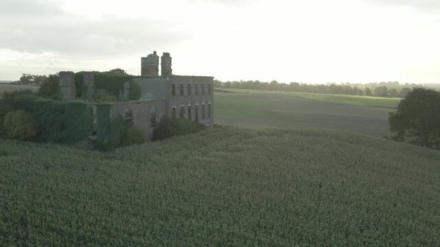 Stephenstown House Over Green Fields At Sunrise In Stephenstown Cottages, Co. Louth, Ireland. Aerial Shot