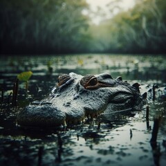Naklejka premium An alligator resting in a pond surrounded by a beautiful garden with a fountain, featuring lush greenery and sculptures, creating a serene natural landscape