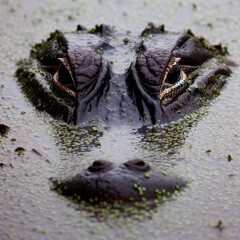 Naklejka premium A dangerous reptile, the crocodile, lurks in the murky water, its sharp teeth and beady eyes a reminder of its predatory nature