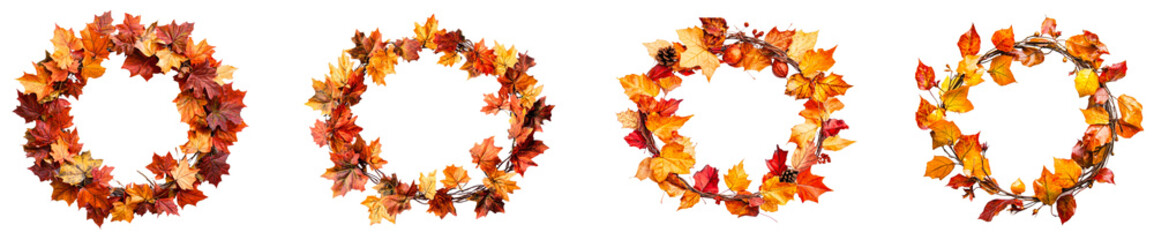 Autumn wreaths made of colorful leaves in vibrant fall hues. Set of png on transparent background