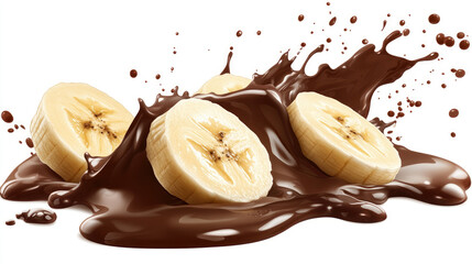 A banana is covered in chocolate and is surrounded by other bananas. Concept of indulgence and sweetness, as the bananas are covered in a rich, dark chocolate sauce. The bananas themselves are ripe