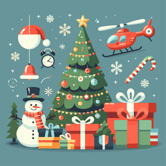 flat vector Christmas tree with gifts