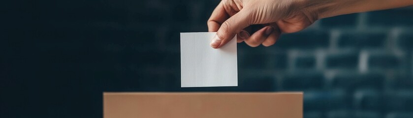 Obraz premium A hand placing a ballot into a voting box, symbolizing civic participation and the democratic process.