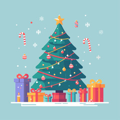 flat vector Christmas tree with gifts