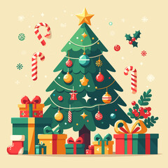 flat vector Christmas tree with gifts