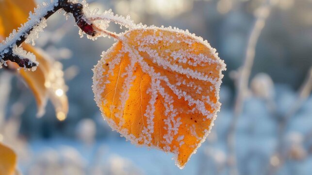 A branch of yellow and leaves, frost adheres to the maple leaf, abrupt drop in temperature, snow, cool colour, warm light
