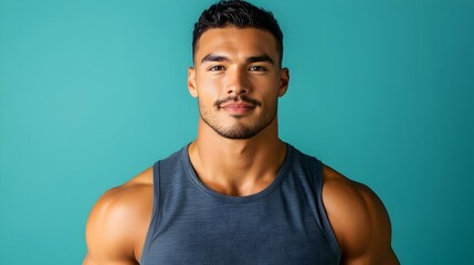 Fit and Muscular Shirtless Male Model Posing Confidently in Gray Sportswear Against Bright Blue Background,Showcasing His Toned Physique and Determined Expression