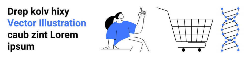 Minimalist design showing a person sitting and pointing for explanation, a shopping cart, and a DNA helix. Ideal for e-commerce, genetics, education, technology, healthcare, and innovation themes