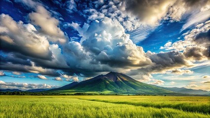 Obraz premium Grassy field with mountain and cloudy sky