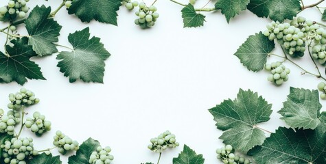 Fototapeta premium A composition of green grape leaves and unripe grapes on a light background.