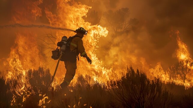 Firefighter Battling Intense Flames in Wildfire Scene
