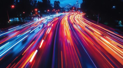 Fototapeta premium Long Exposure of City Traffic at Night Capturing Vibrant Streaks of Light on a Busy Urban Road with Illuminated Buildings in the Background