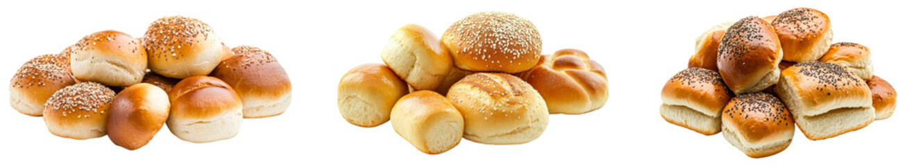 Various types of freshly baked bread rolls piled high. Set of png on transparent background