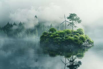 Fototapeta premium A wind turbine on a floating island with greenery, representing clean energy, in a minimalistic style.