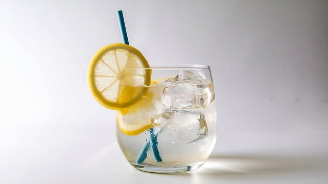 A photo of a cold drinks glass filled with a refreshing beverage with leamon  on a white background, There is a straw in the glass and a few ice cubes are floating at the top.