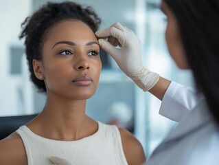 Doctor performing facial skin examination on woman during consultation.