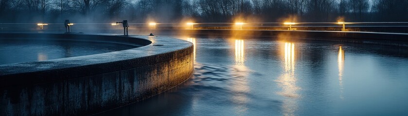 Atmospheric Night Scene of Illuminated Water Treatment Facility with Misty Reflections and Soft Lighting