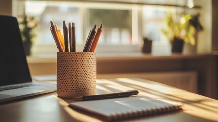 A close-up of a desk with a laptop, a notebook, and a pen holder with pens.