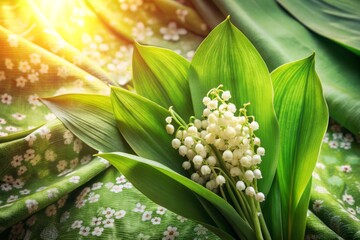 Obraz premium Convallaria Majalis Floral Textile Print, Lili Valley Background, Summer Blossom Decoration, Wallpaper, Invitation Design, Majalis Flower Leaf, Buds and Blooms