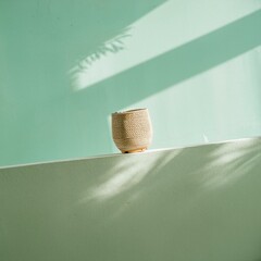 A minimalist scene with natural sunlight casting shadows on a woven basket against a soft green background, creating a peaceful and serene ambiance.