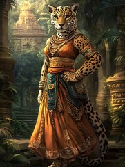 Fototapeta premium Female jaguar in a tribal dress on a jungle temple background.
