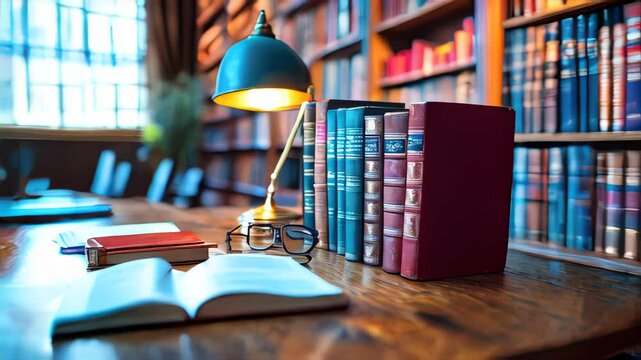 A classic library with wooden bookshelves, a lamp, and an open book on the table. A cozy and peaceful place for reading and learning