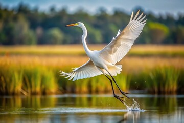 Obraz premium Great Egret taking flight from marsh