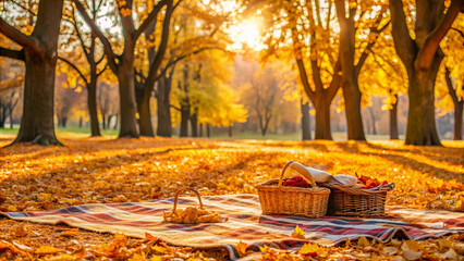 peaceful autumn picnic scene with baskets on blanket in sunlit park