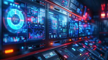 Fototapeta premium A smart grid with energy consumption data displayed on digital screens. The scene is futuristic with blue lighting, highlighting smart technology and energy management.