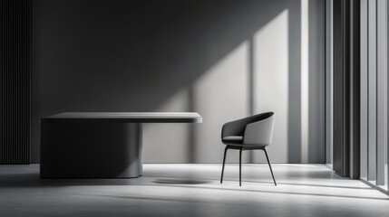 Fototapeta premium A modern office desk with a chair in a minimalist room with a large window, sunlight streaming in.