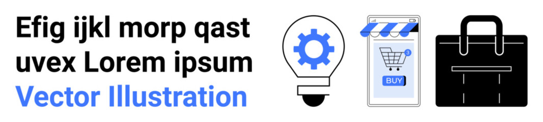 Lightbulb with gear, online shopping icon and briefcase. Ideal for business, entrepreneurship, innovation, e-commerce and productivity themes. Banner for landing page