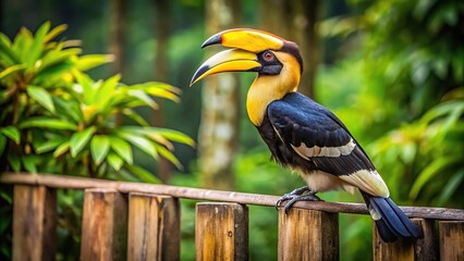 Obraz premium Great Hornbill perched on a wooden fence with symmetrical composition