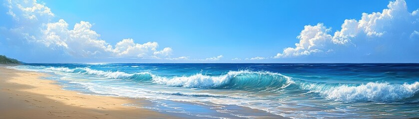 Stunning Seascape with Waves Crashing on a Sandy Beach Under a Bright Blue Sky with Fluffy Clouds