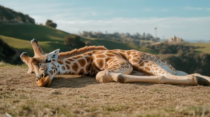 Obraz premium A pair of giraffes resting peacefully on a grassy hillside under a clear sky.