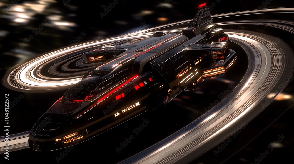 Poster a spaceship orbiting a ringed planet