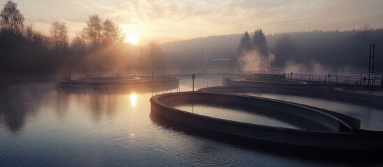 Obraz premium Serene Sunrise Over Water Treatment Facility with Misty Reflections and Silhouetted Trees in a Tranquil Landscape