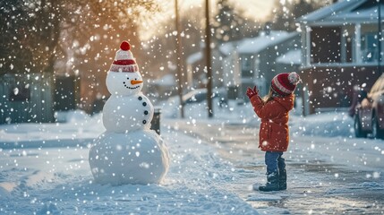 A child putting the final touches on a snowman, while snow falls gently in a quiet neighborhood.
