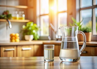 A glass of purified water sits alongside a jug on the kitchen bench, showcasing a refreshing hydration moment that emphasizes clarity and health in every sip.
